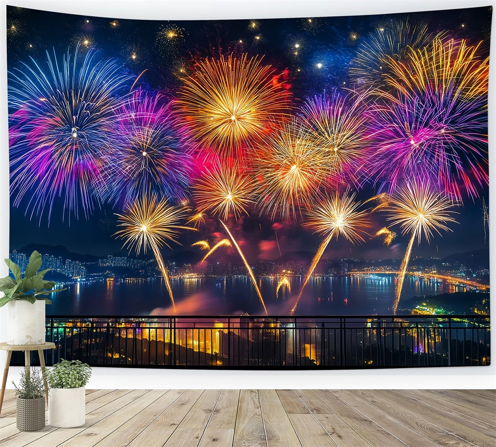 Neujahrs-Hintergrund Lebendiges Feuerwerk Hafenpanorama Stadtnacht-Hintergrund LXX512-11