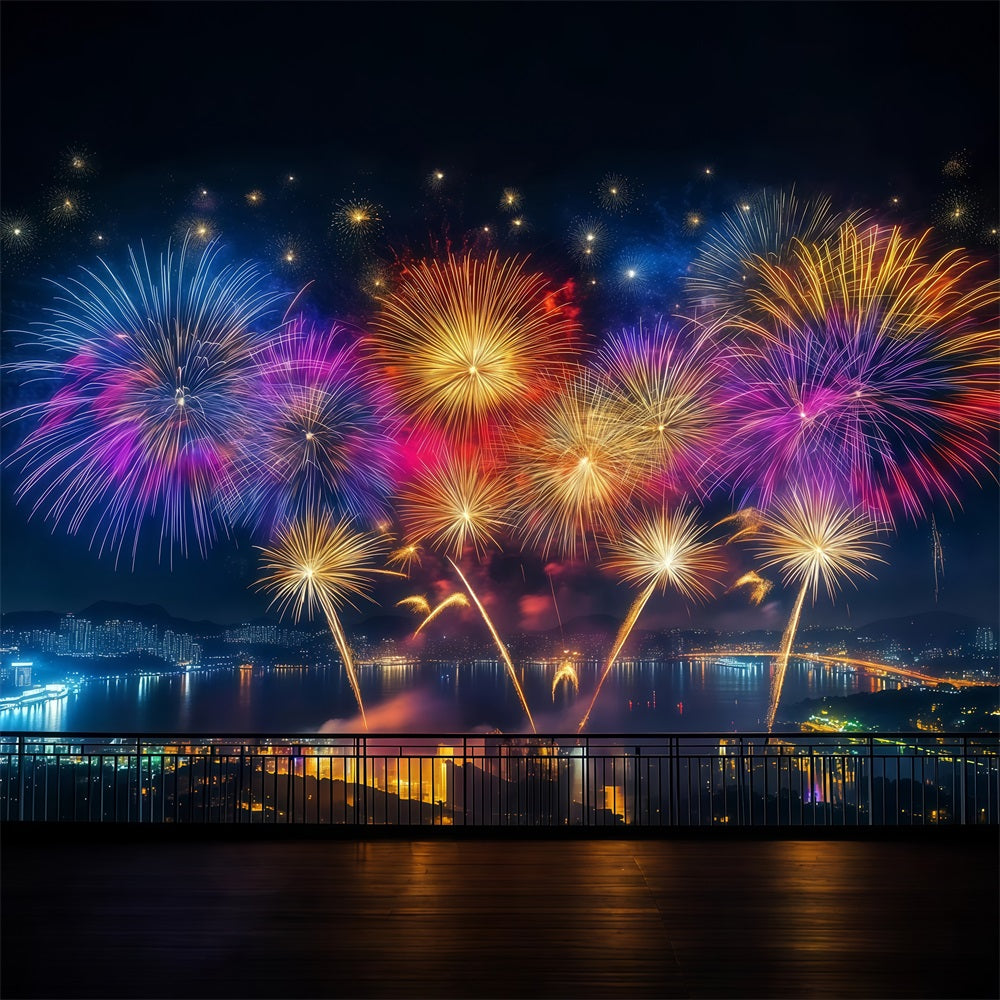 Neujahrs-Hintergrund Lebendiges Feuerwerk Hafenpanorama Stadtnacht-Hintergrund LXX512-11