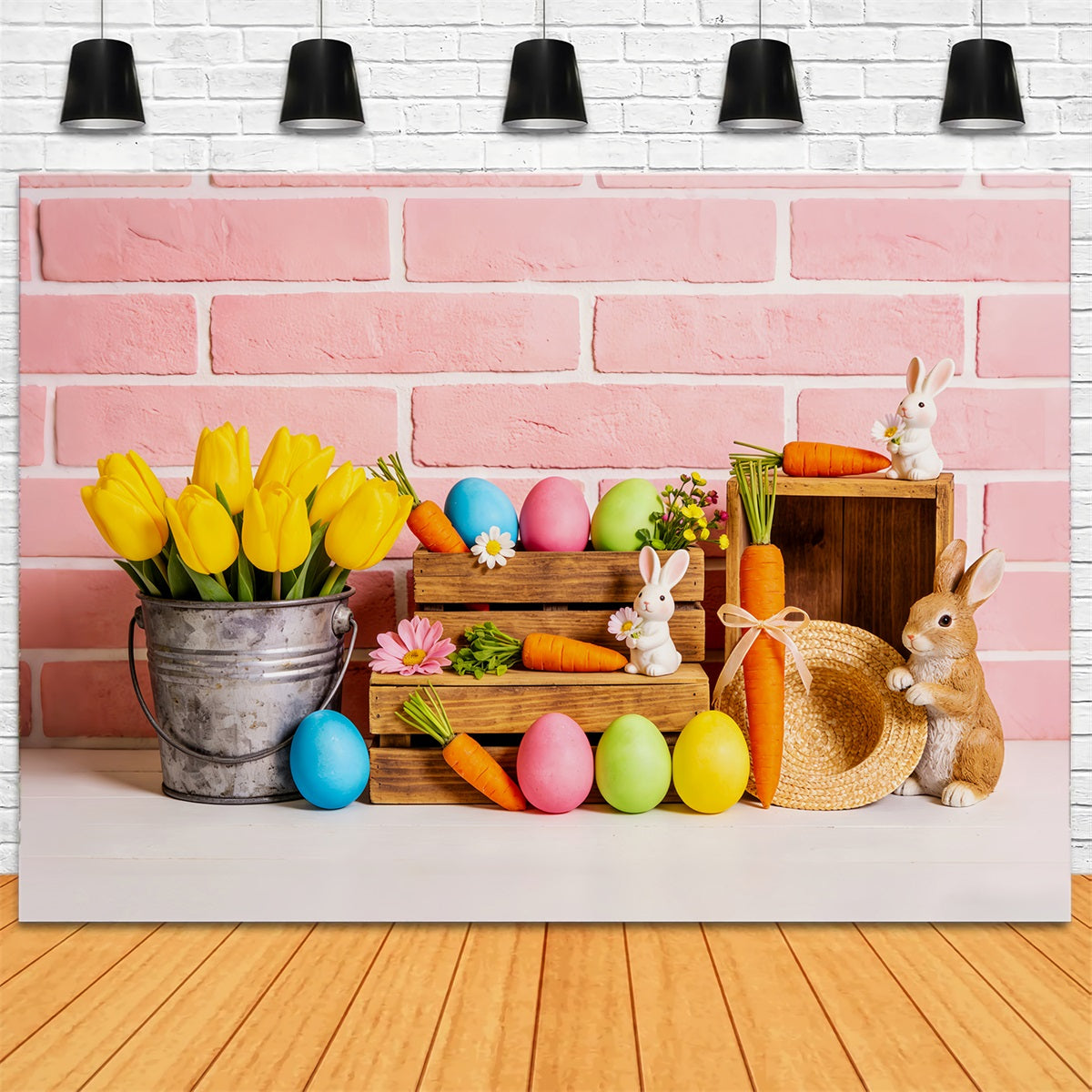 Peter Rabbit Hintergrund Tulpen Eimer Karotten Hase Ostereier Hintergrund LXX512-111