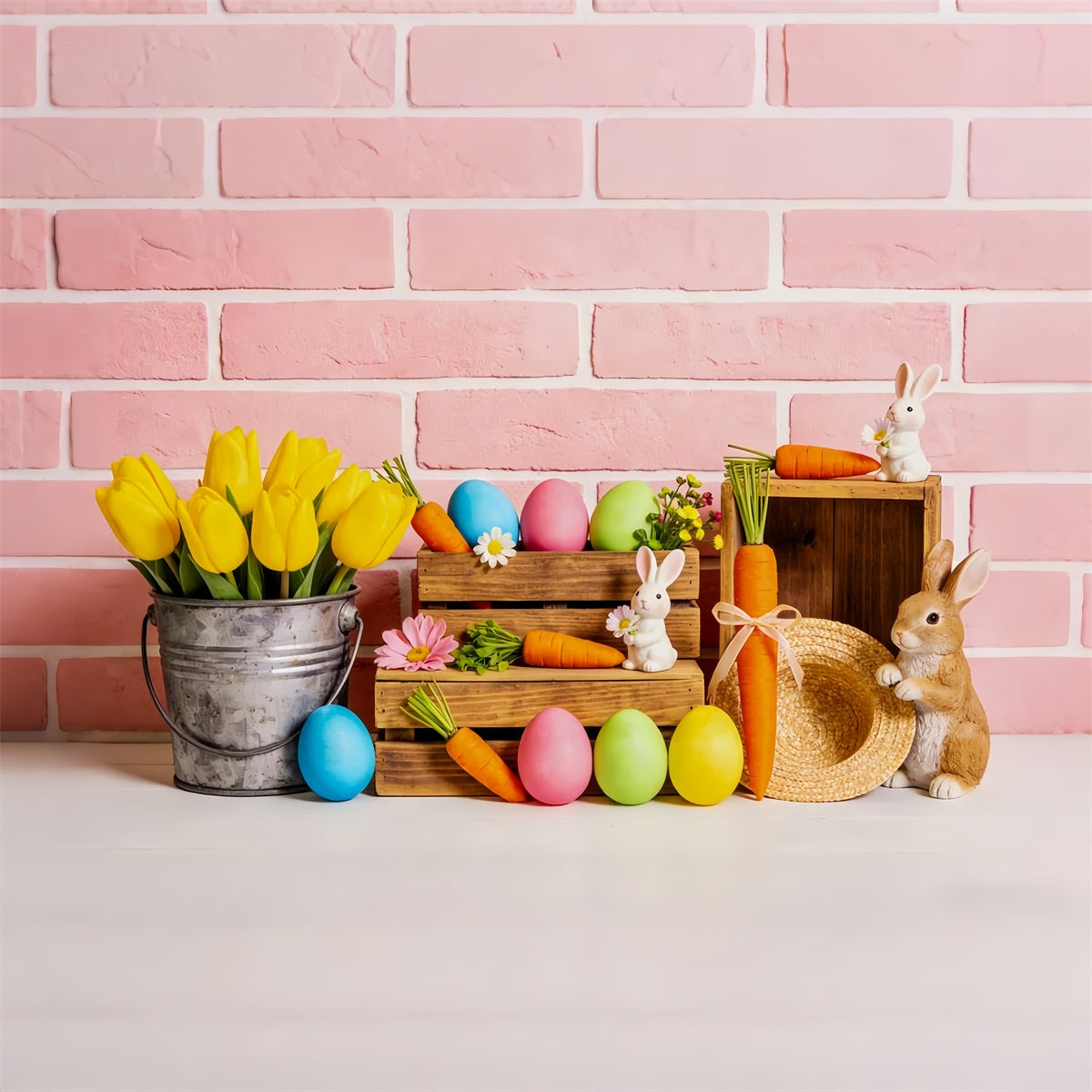 Peter Rabbit Hintergrund Tulpen Eimer Karotten Hase Ostereier Hintergrund LXX512-111