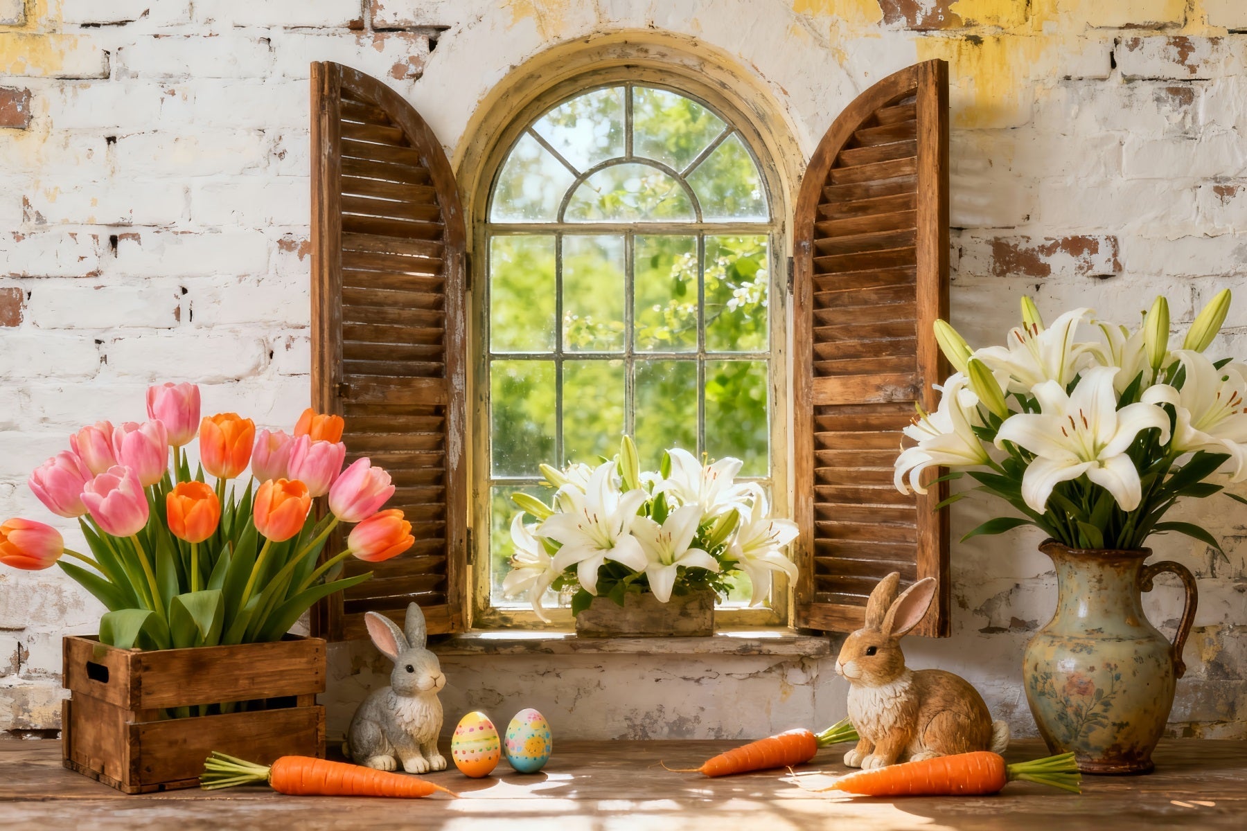 Osterlilie Hintergrund Hase Blumen Fensterläden Rustikaler Osterhintergrund LXX512-112