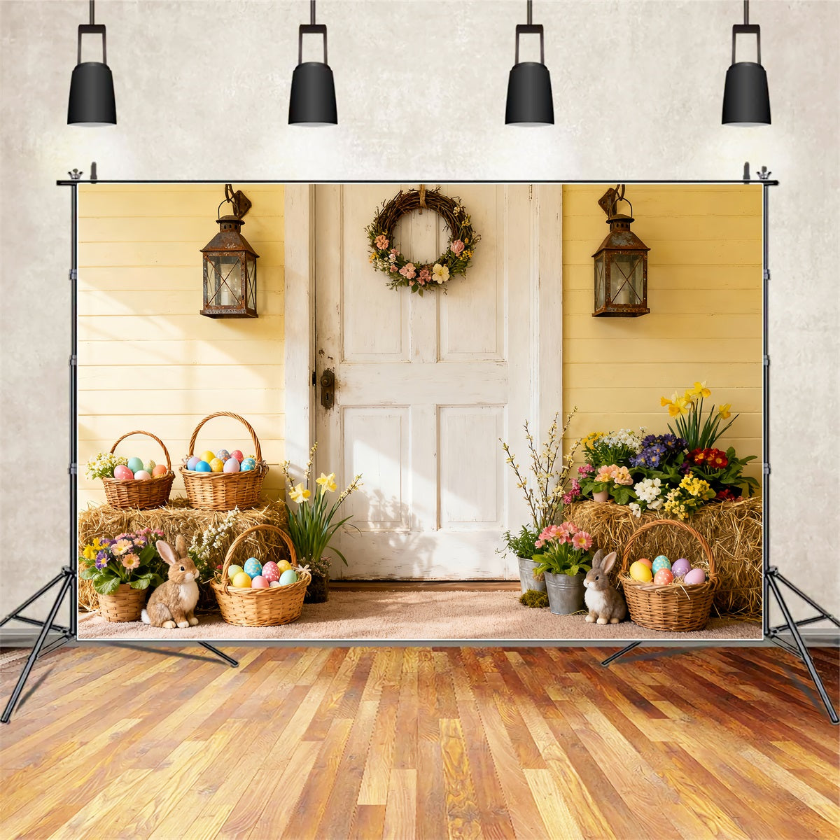 Osterfoto-Hintergrund Rustikaler Frühlingsvorbau Eier-Hasen-Hintergrund LXX512-126
