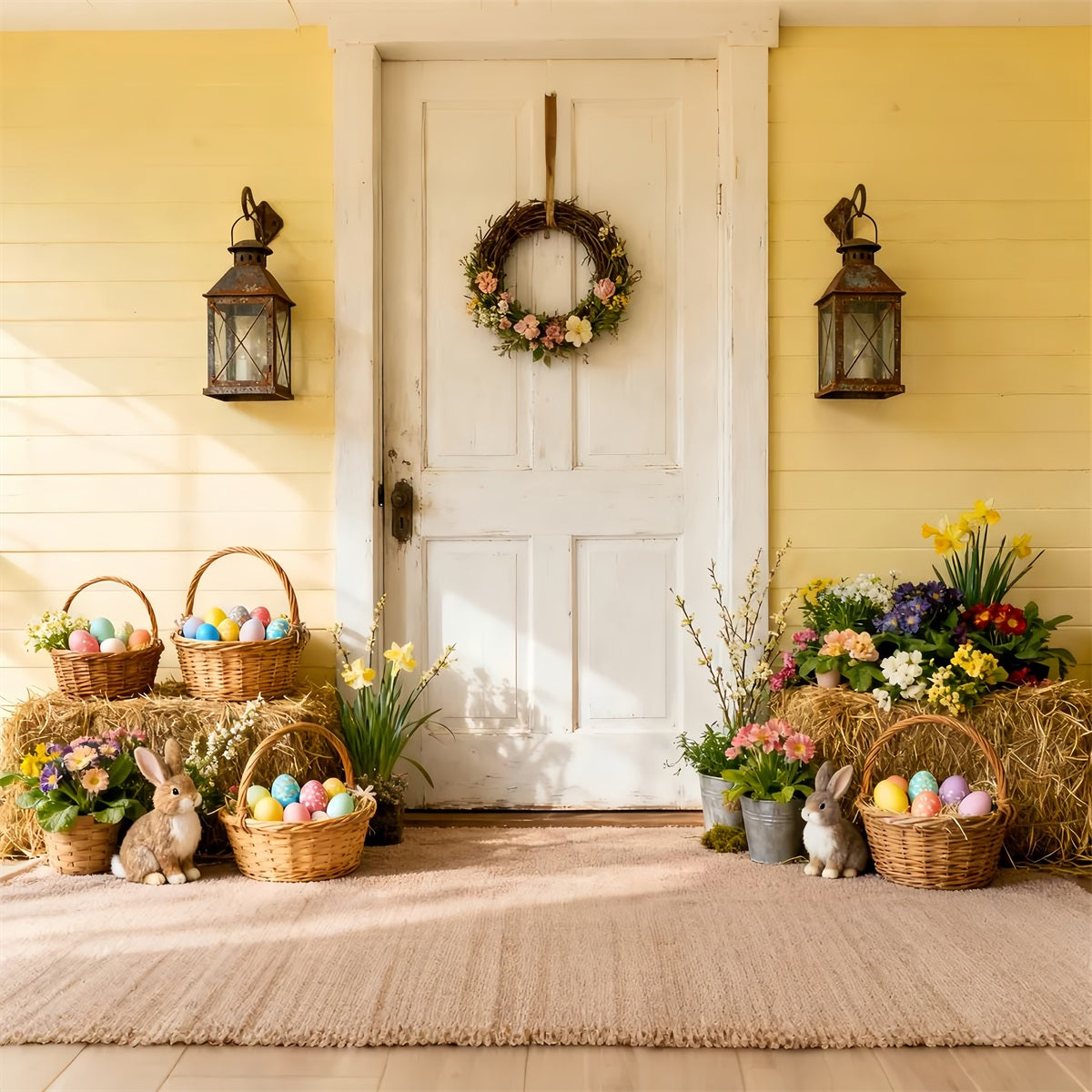 Osterfoto-Hintergrund Rustikaler Frühlingsvorbau Eier-Hasen-Hintergrund LXX512-126