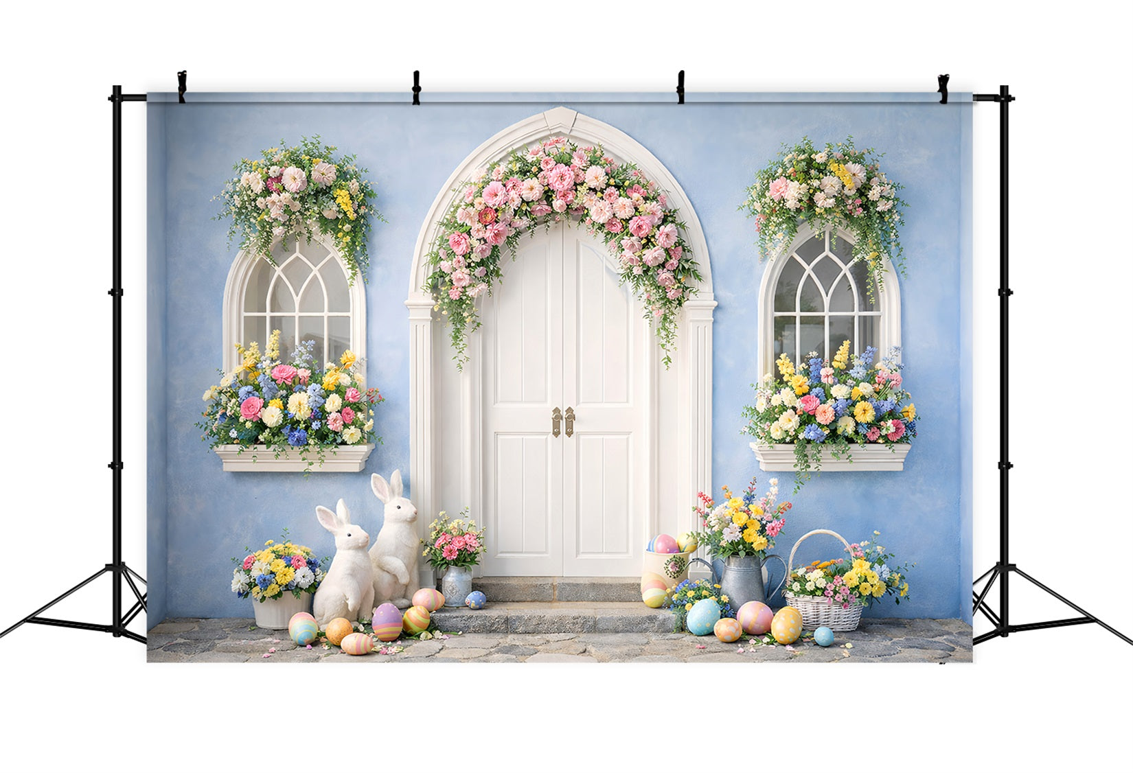 Ostern Foto Hintergrund Blauer Bogen Blumen Hase Tür Ostern Eier Hintergrund LXX512-129