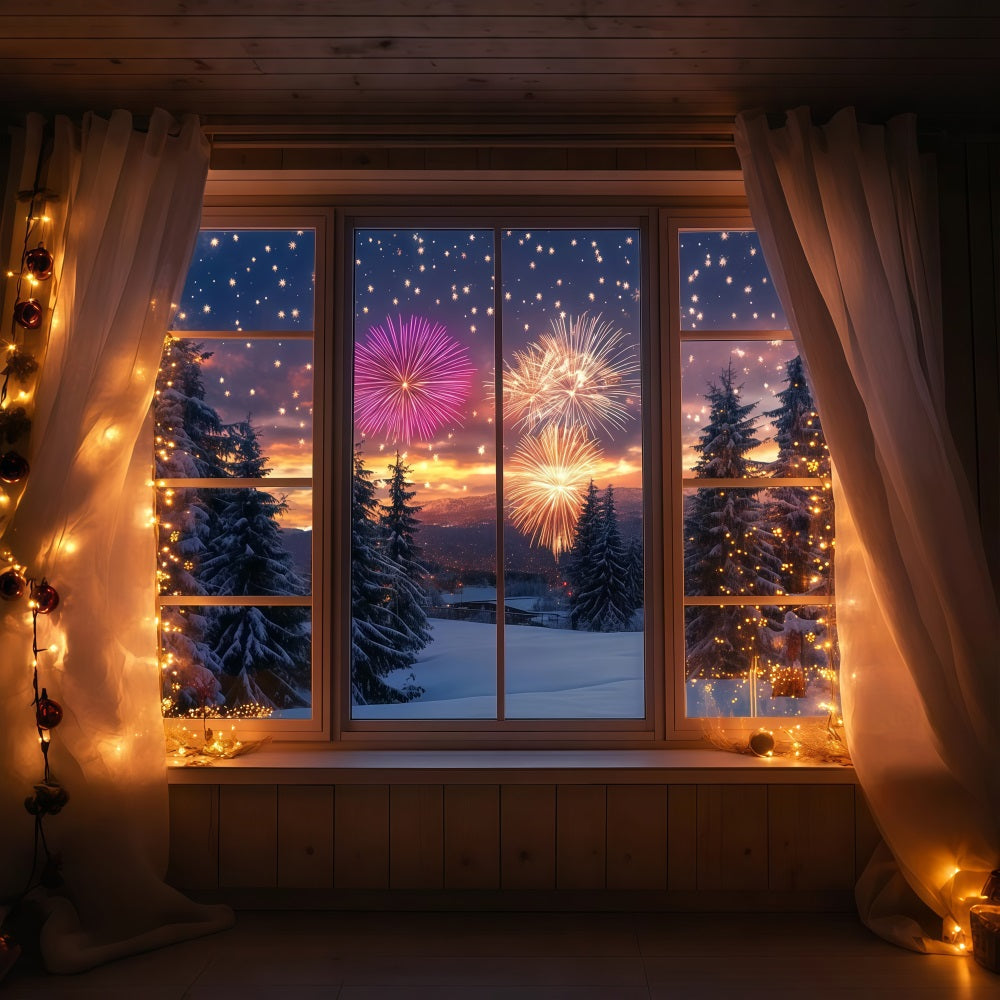 Neujahrs-Fotohintergrund Winterliches verschneites Fenster Wald Feuerwerk-Hintergrund LXX512-13