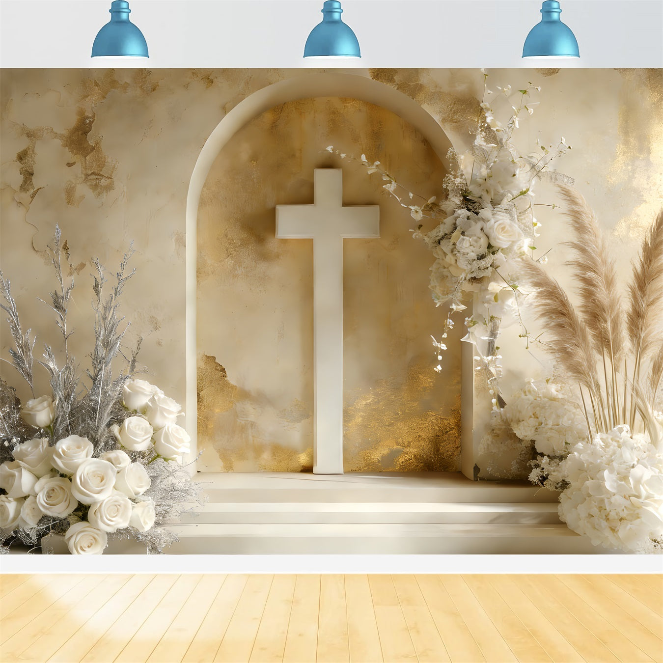 Kreuz Hintergrund Boho Stil Blumen Altar Rustikaler Ostern Hintergrund LXX512-130