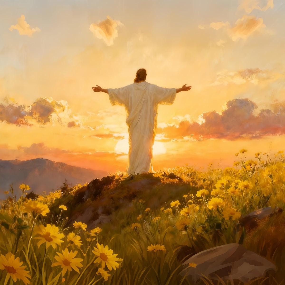 Kirche Oster-Hintergrund Auferstandener Christus Goldene Morgendämmerung Religiöse Oster-Hintergründe LXX512-133