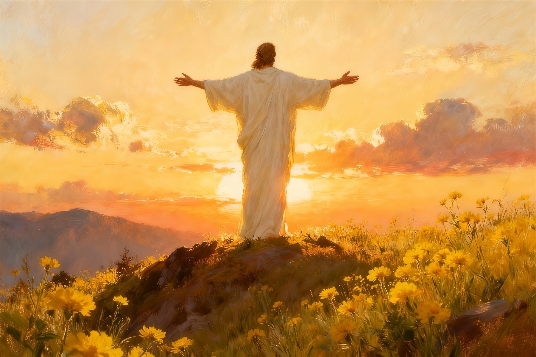 Kirche Oster-Hintergrund Auferstandener Christus Goldene Morgendämmerung Religiöse Oster-Hintergründe LXX512-133