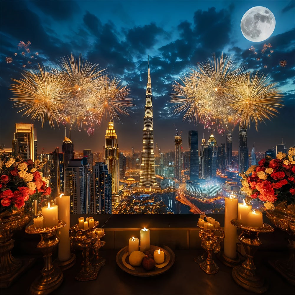 Frohes Neues Jahr-Hintergrund Luxuriöse Stadt-Skyline Feuerwerk Stadtnacht-Hintergrund LXX512-14