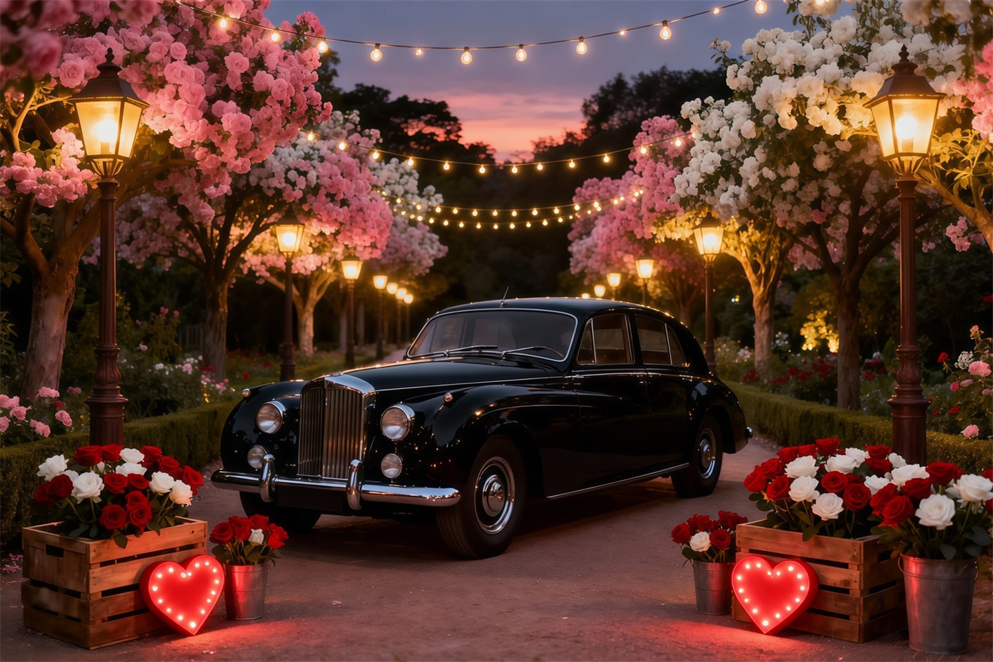 Valentinstag-Hintergrund Blüte Vintage-Truck Romantik Rote Rosen Hintergrund LXX512-151