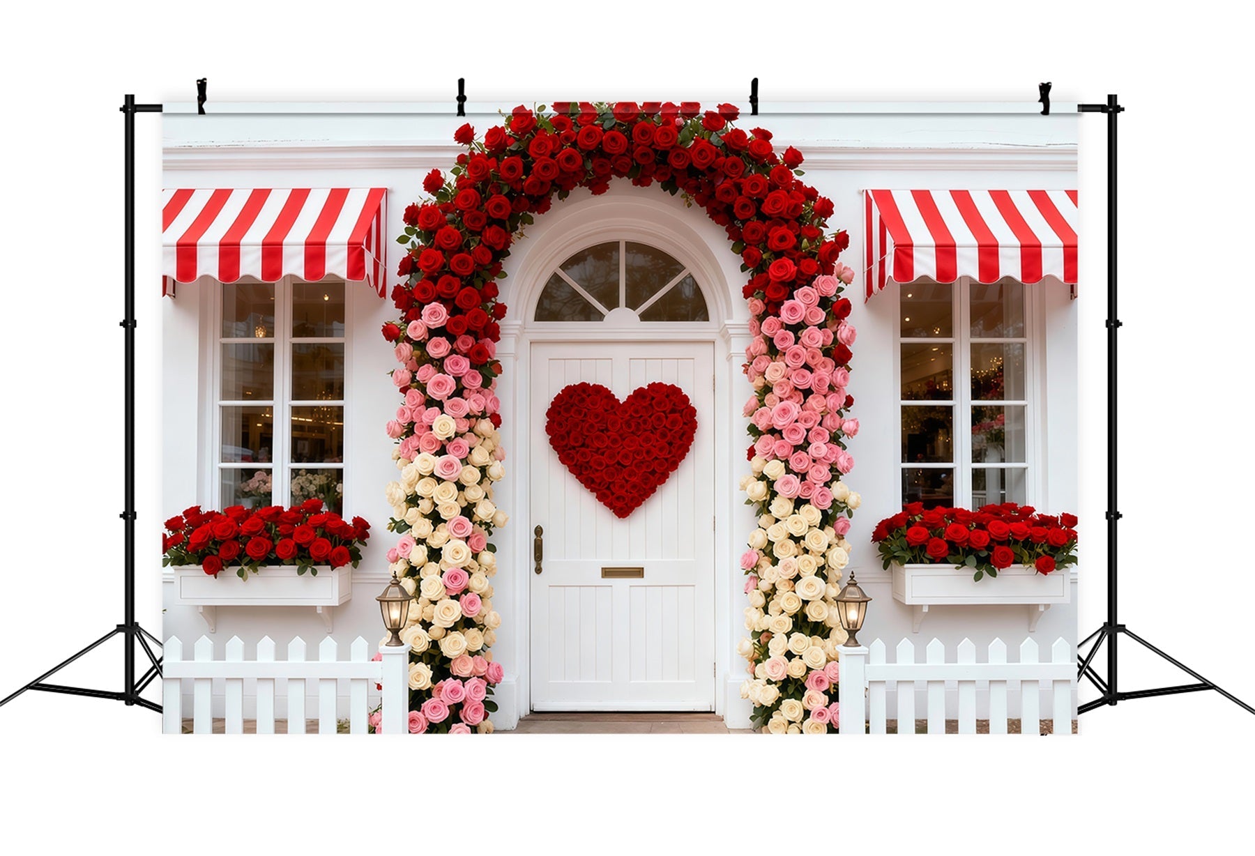 Ideen für Valentinstag-Hintergründe Rosen-Cottage Eingang Blumenbogen Valentinstag-Hintergrund LXX512-164