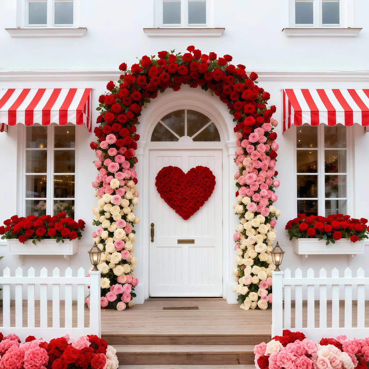 Ideen für Valentinstag-Hintergründe Rosen-Cottage Eingang Blumenbogen Valentinstag-Hintergrund LXX512-164