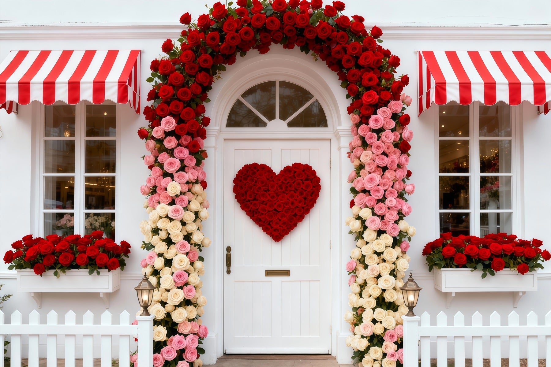 Ideen für Valentinstag-Hintergründe Rosen-Cottage Eingang Blumenbogen Valentinstag-Hintergrund LXX512-164