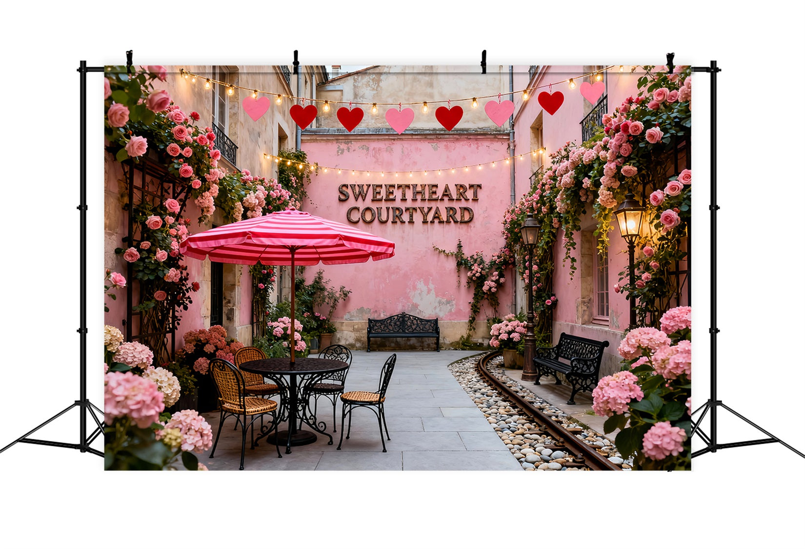 Kranz Valentinstag-Hintergrund Sweetheart Pink Innenhof Café Romantischer Hintergrund LXX512-167