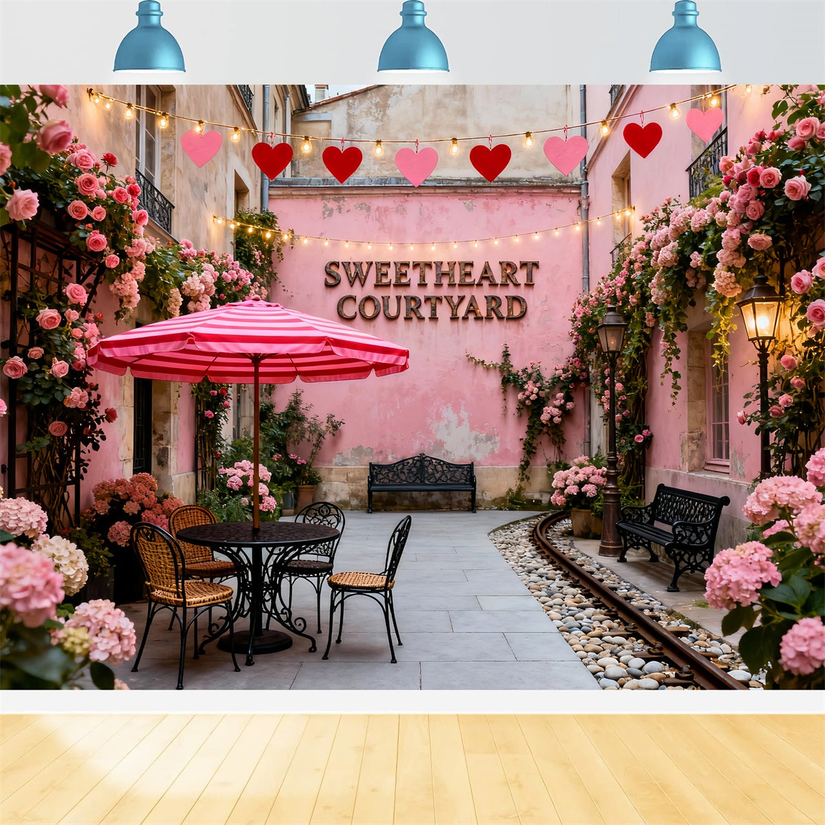 Kranz Valentinstag-Hintergrund Sweetheart Pink Innenhof Café Romantischer Hintergrund LXX512-167