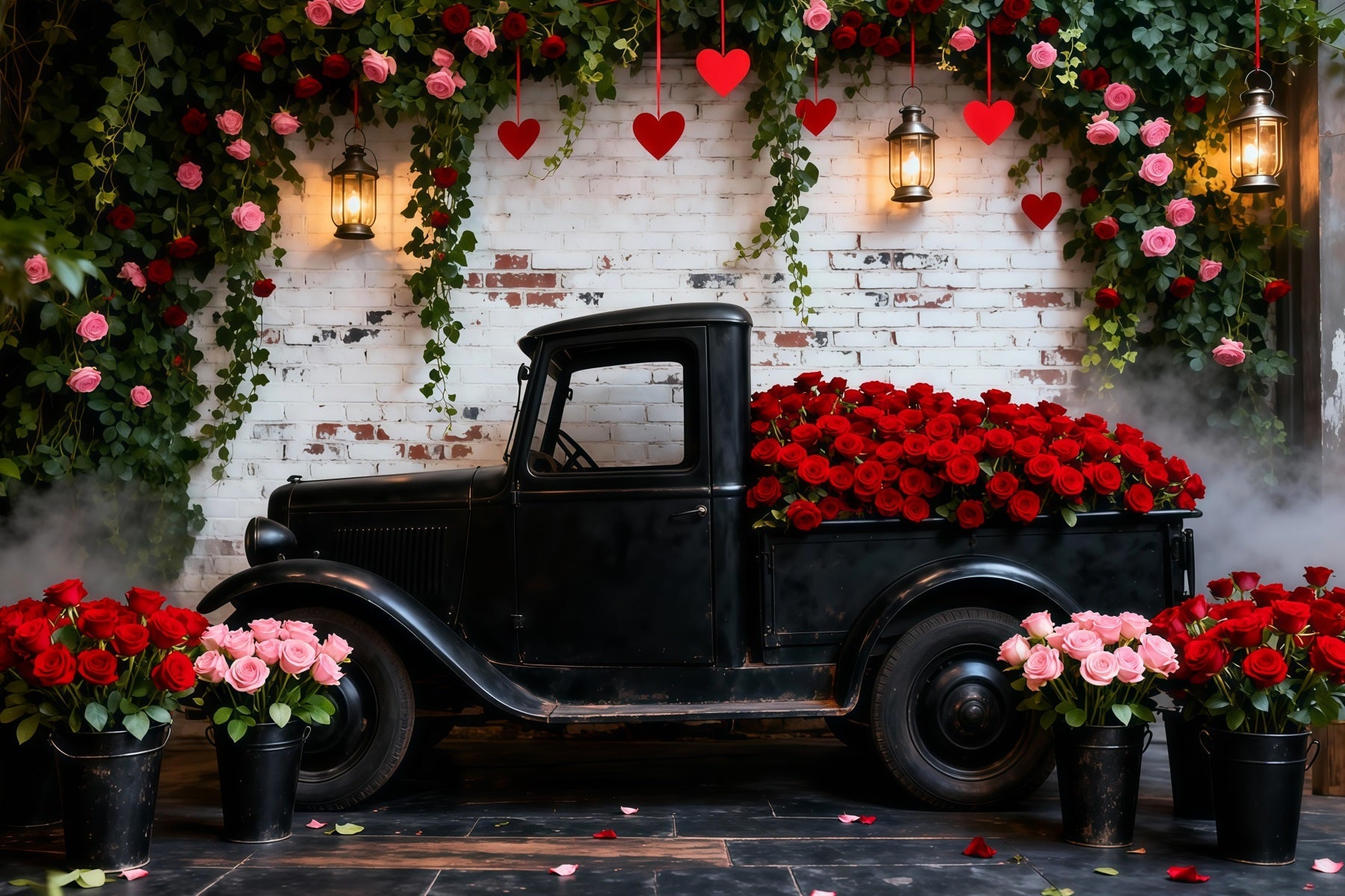 Valentinstag-Kulissen Vintage-Lkw mit roten Rosen Romantische Kulisse LXX512-178