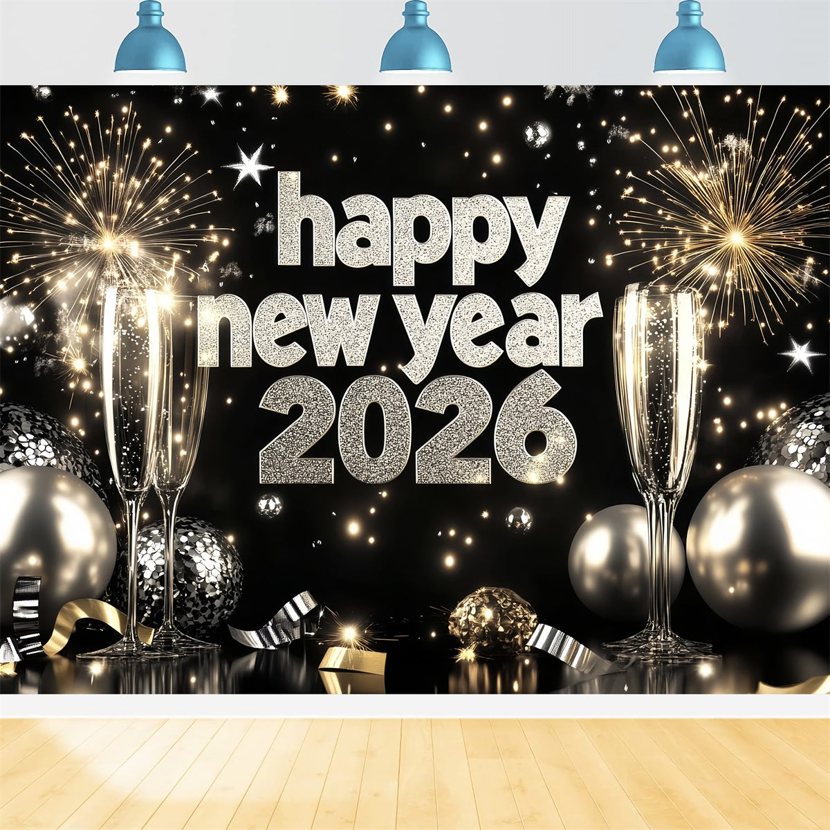 Neujahrshintergrund 2026 Silber Champagner Feuerwerk Frohes Neues Jahr Hintergrund LXX512-19