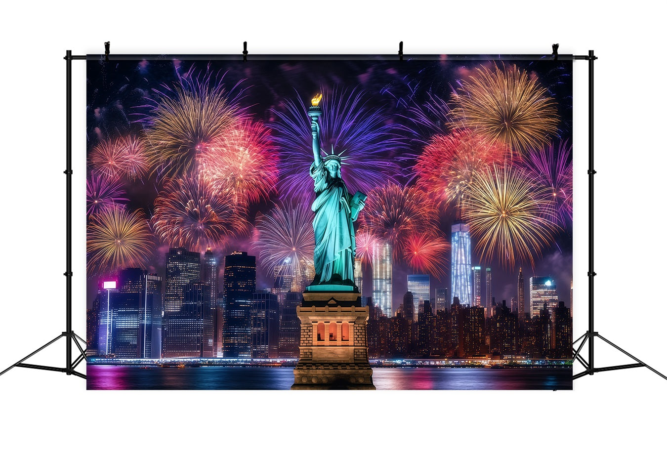 Frohes Neues Jahr-Hintergrund Freiheitsstatue Nacht Stadtlandschaft Feuerwerk-Hintergrund LXX512-4