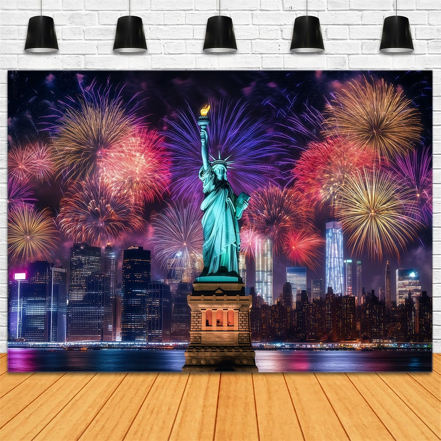 Frohes Neues Jahr-Hintergrund Freiheitsstatue Nacht Stadtlandschaft Feuerwerk-Hintergrund LXX512-4