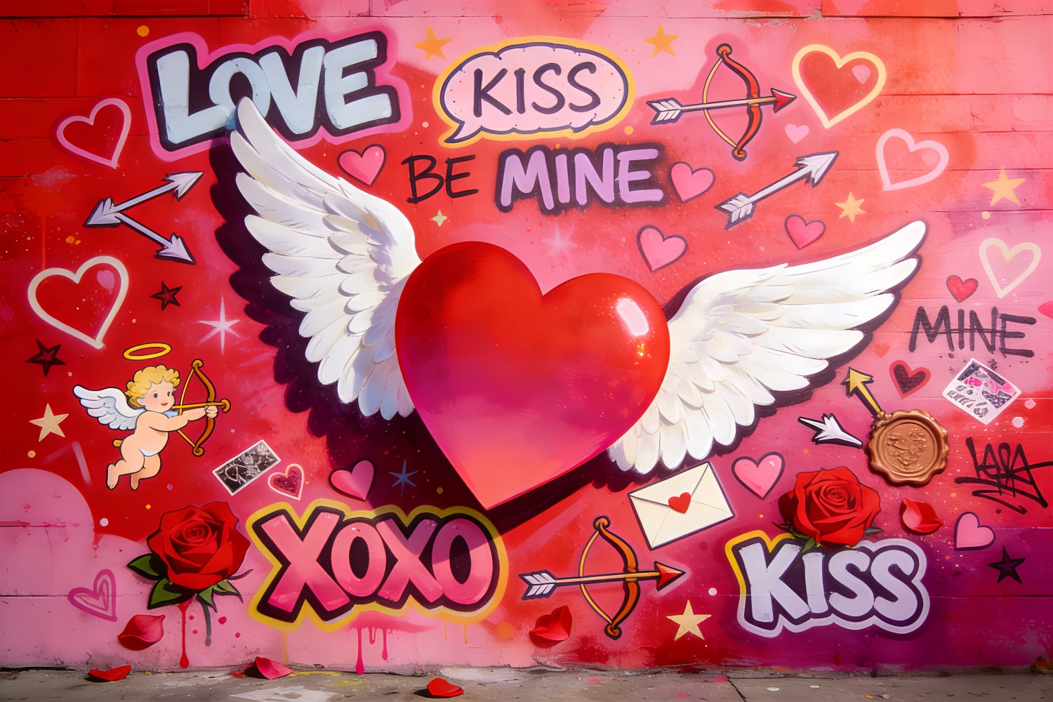 Cupido-Hintergrund Liebe XOXO Geflügeltes Herz Graffiti-Wand Valentinstag-Hintergrund LXX512-50