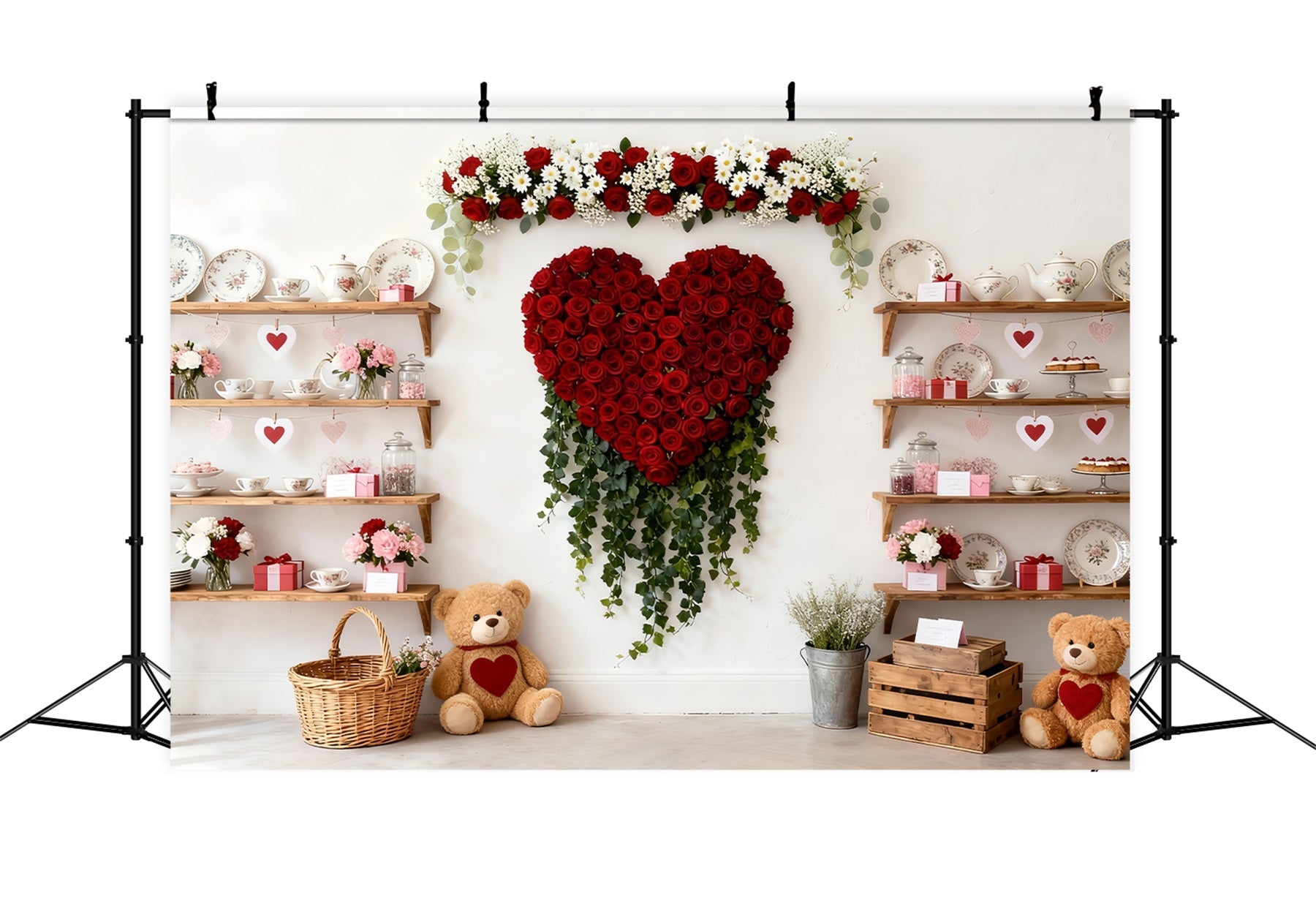 Valentinstag-Hintergrund Teddybären Teeschrank Rote Rosen Herz-Hintergrund LXX512-58