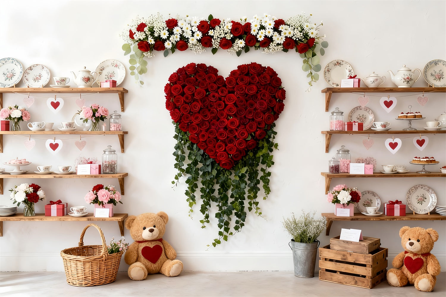 Valentinstag-Hintergrund Teddybären Teeschrank Rote Rosen Herz-Hintergrund LXX512-58
