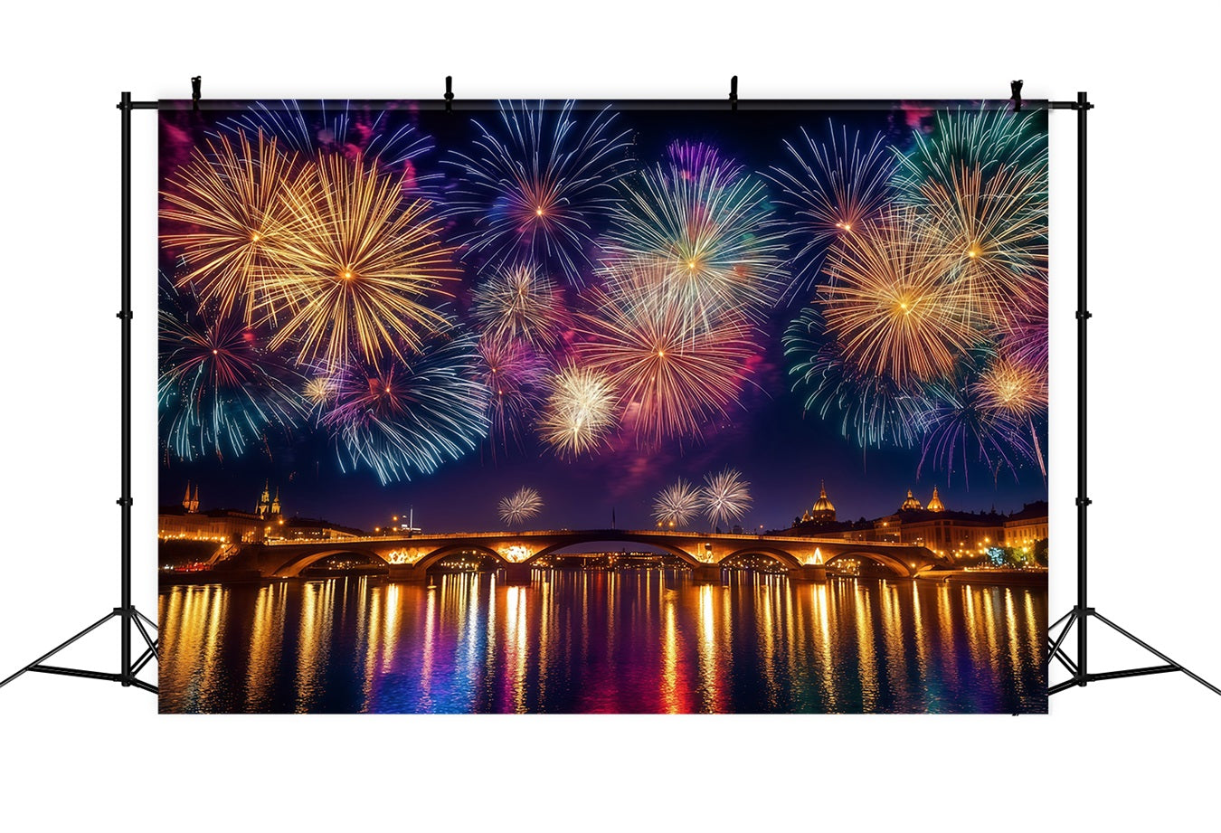 Neujahrs-Hintergründe Stadt Nacht Flussreflexion Feuerwerk Foto-Hintergrund LXX512-6