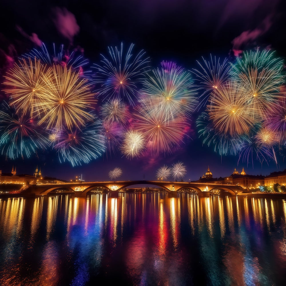 Neujahrs-Hintergründe Stadt Nacht Flussreflexion Feuerwerk Foto-Hintergrund LXX512-6