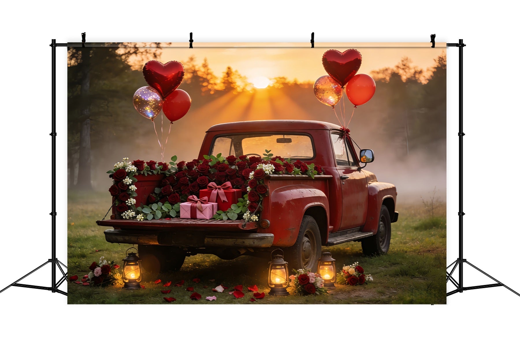 Valentinstag-Fotohintergrund Vintage-roter Truck Romantik-Herzballon-Hintergrund LXX512-61