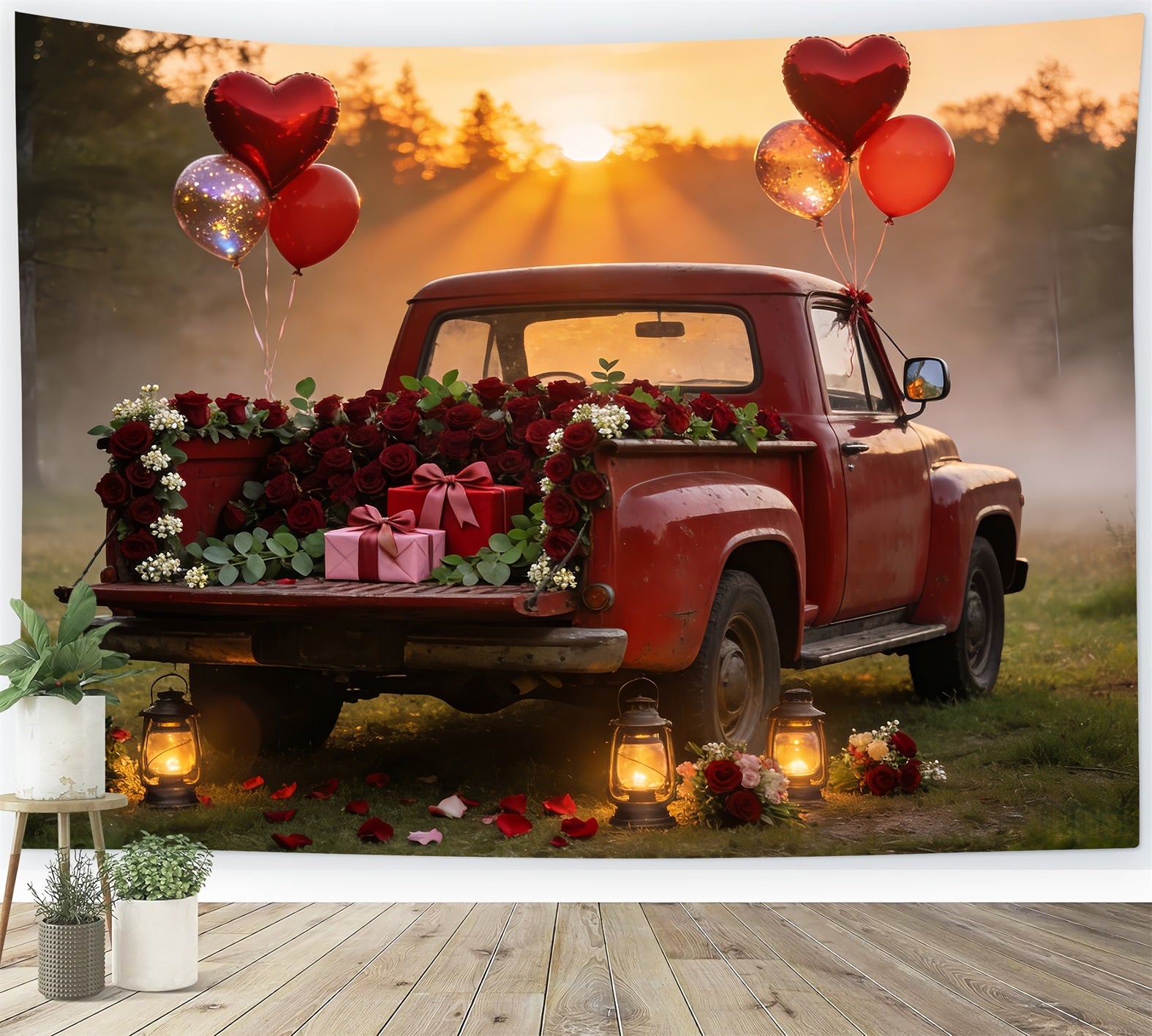 Valentinstag-Fotohintergrund Vintage-roter Truck Romantik-Herzballon-Hintergrund LXX512-61