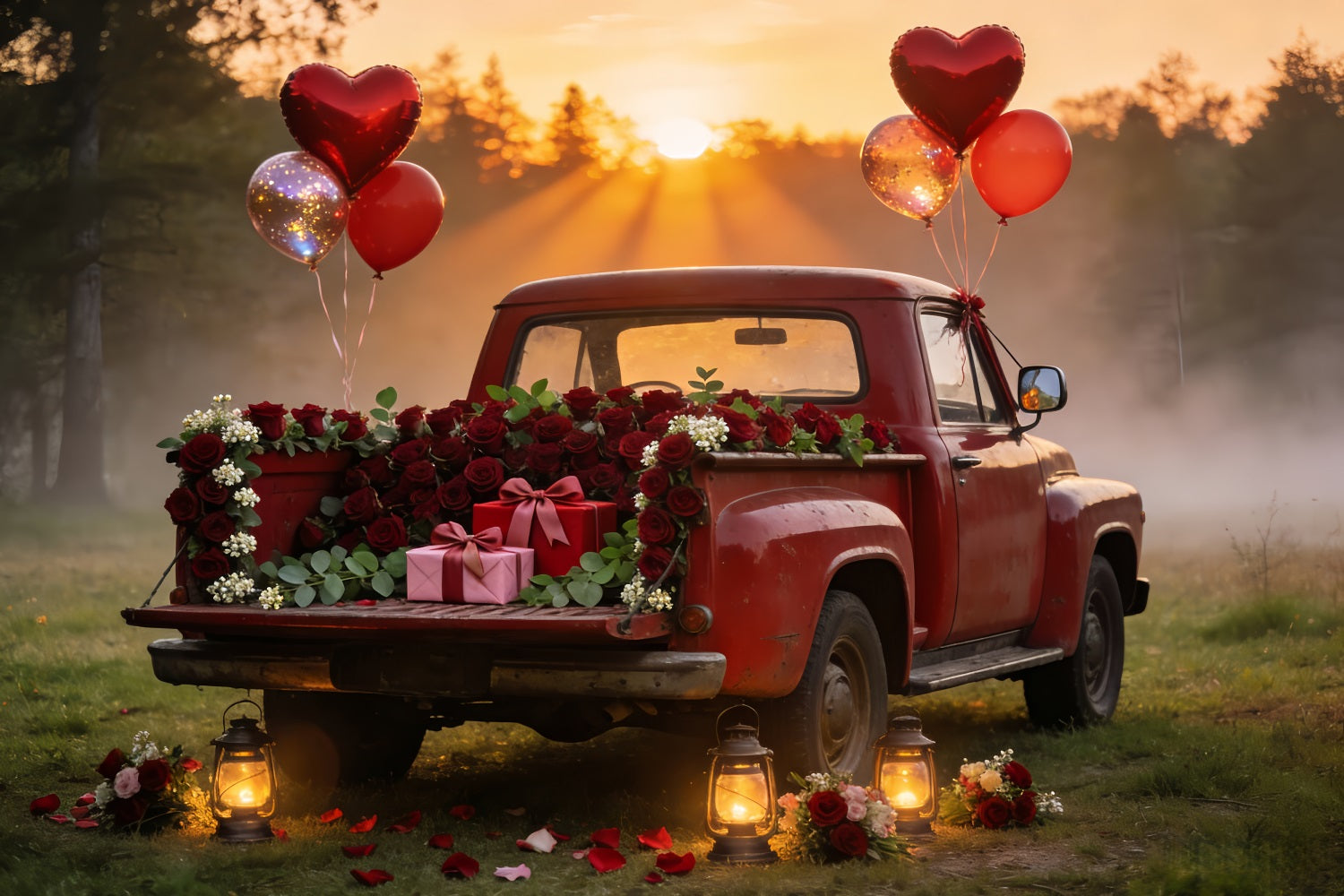 Valentinstag-Fotohintergrund Vintage-roter Truck Romantik-Herzballon-Hintergrund LXX512-61