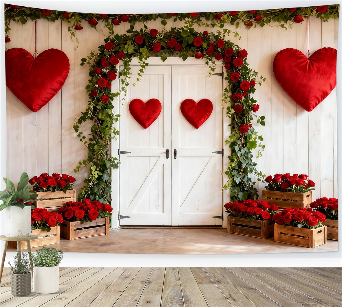 Rustikaler Bauernhof Valentinstag-Hintergrund Rosenblumenbogen Herz-Hintergrund LXX512-63