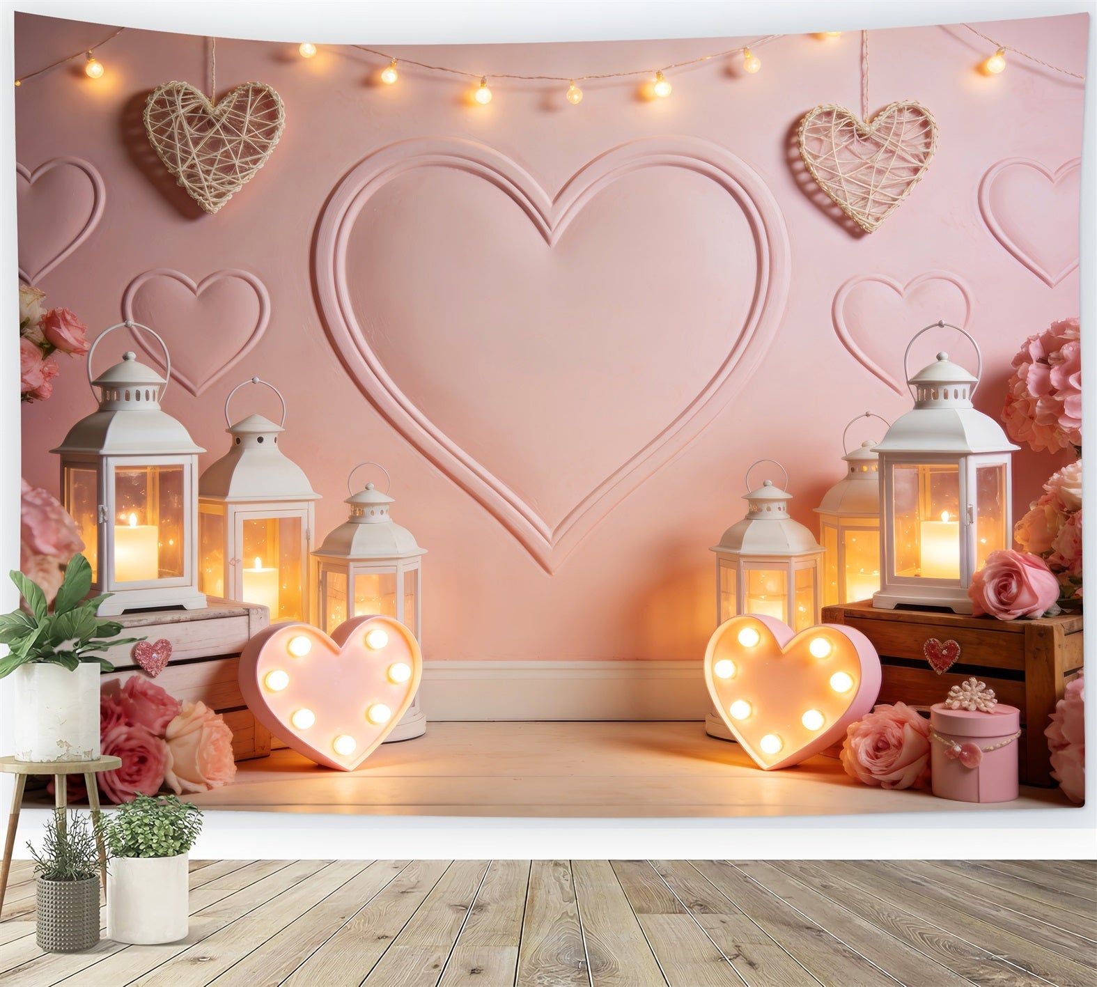 Herz-Hintergrund Laternenlicht Kerzenlicht Zimmer Rosa Valentinstag-Hintergrund LXX512-65