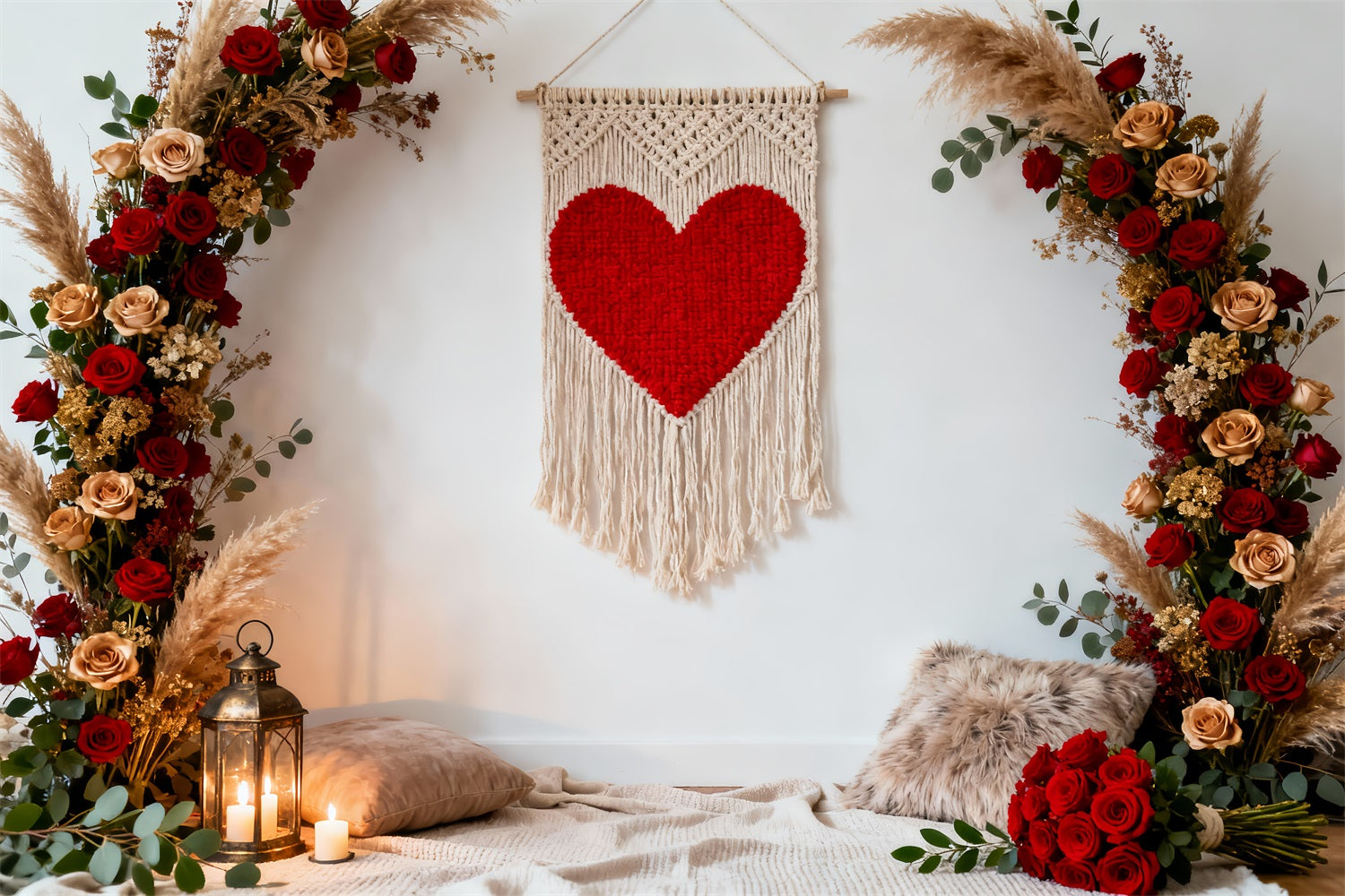 Boho-Blumen-Valentinstag-Hintergrund Makramee-Herz Rosenbogen Liebeshintergründe LXX512-71