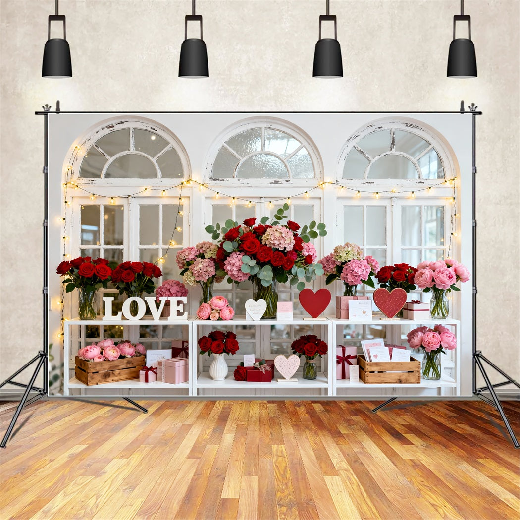 Valentinstag-Hintergrund Vintage-Fenster Blumenarrangement Liebeshintergründe LXX512-73