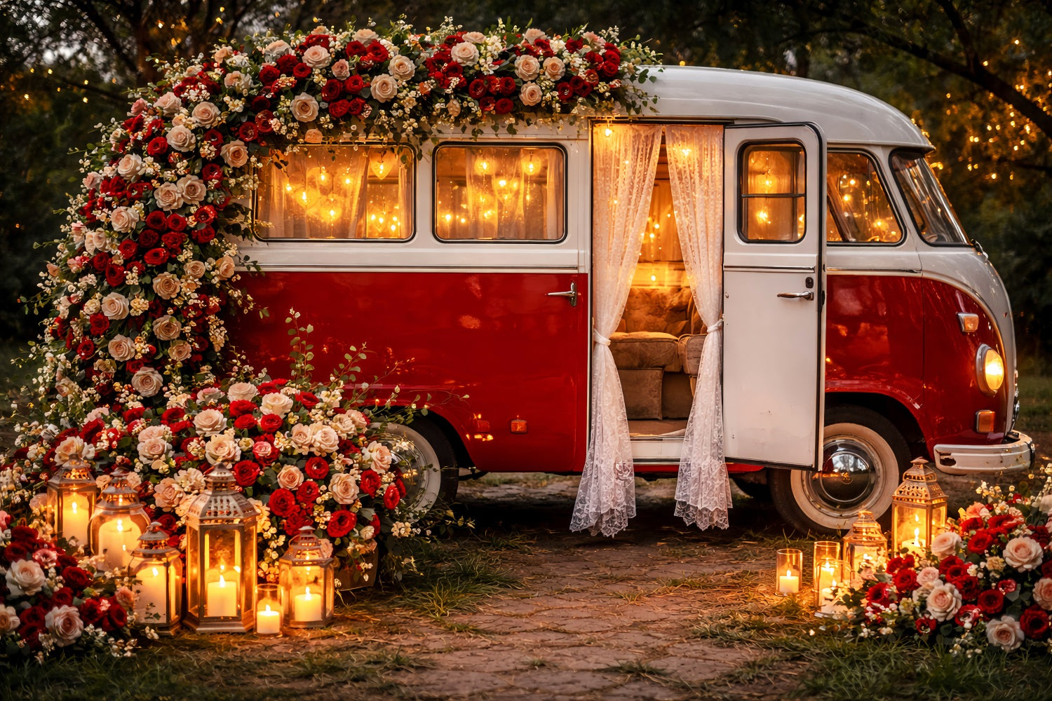 Rote Rosen-Hintergrund Vintage Laterne Camper Romantik Glitzer Valentinstag-Hintergrund LXX512-85