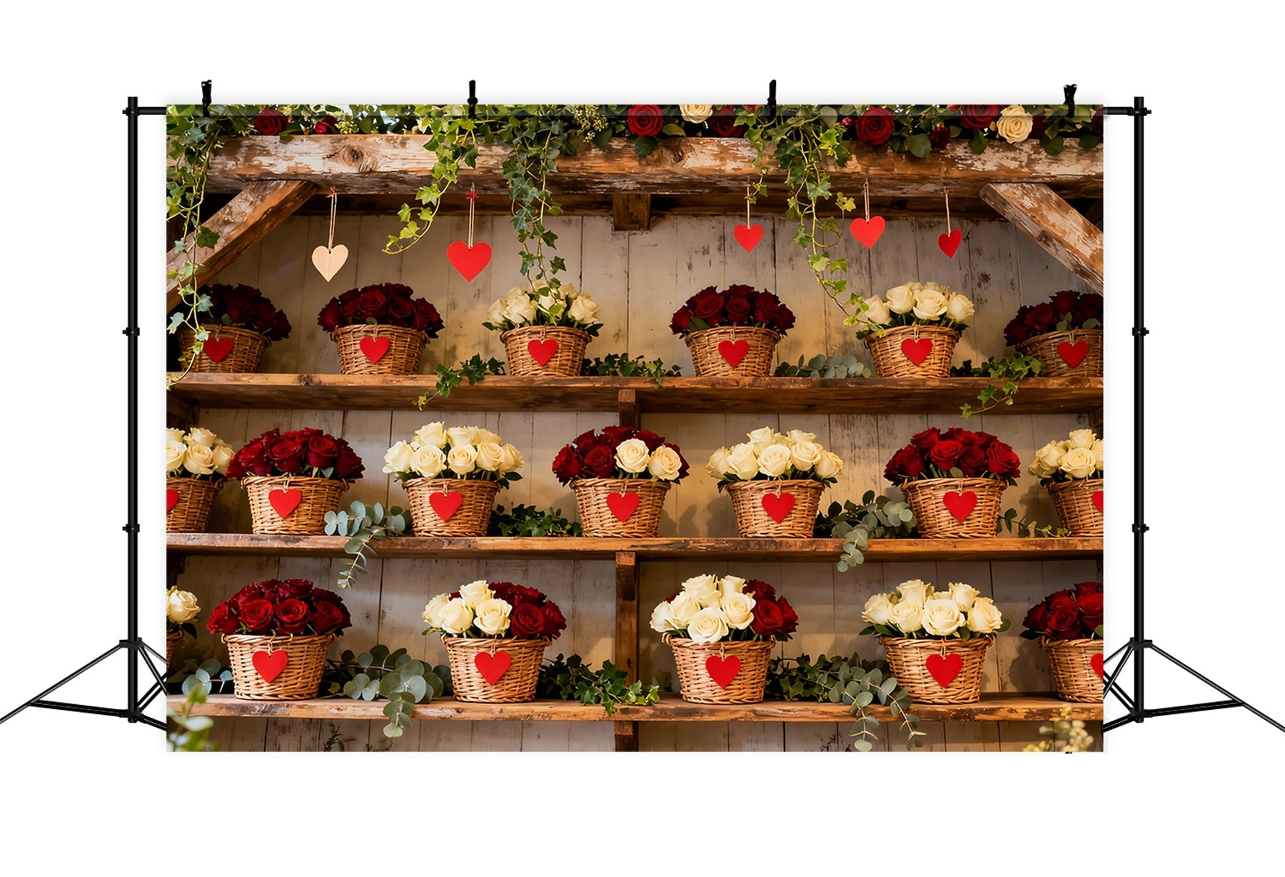 Schlichter Valentinstag-Hintergrund Rustikaler Blumenkorb Wand Roter Rosen-Hintergrund LXX512-86