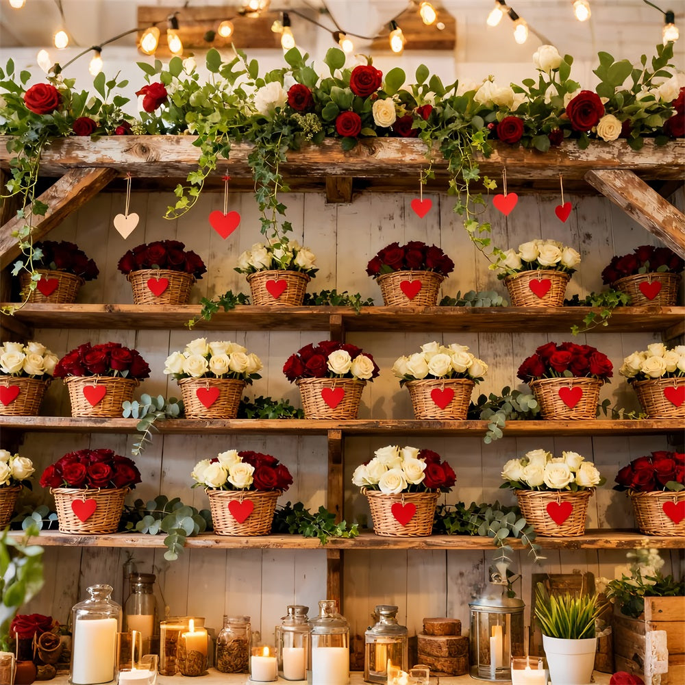 Schlichter Valentinstag-Hintergrund Rustikaler Blumenkorb Wand Roter Rosen-Hintergrund LXX512-86