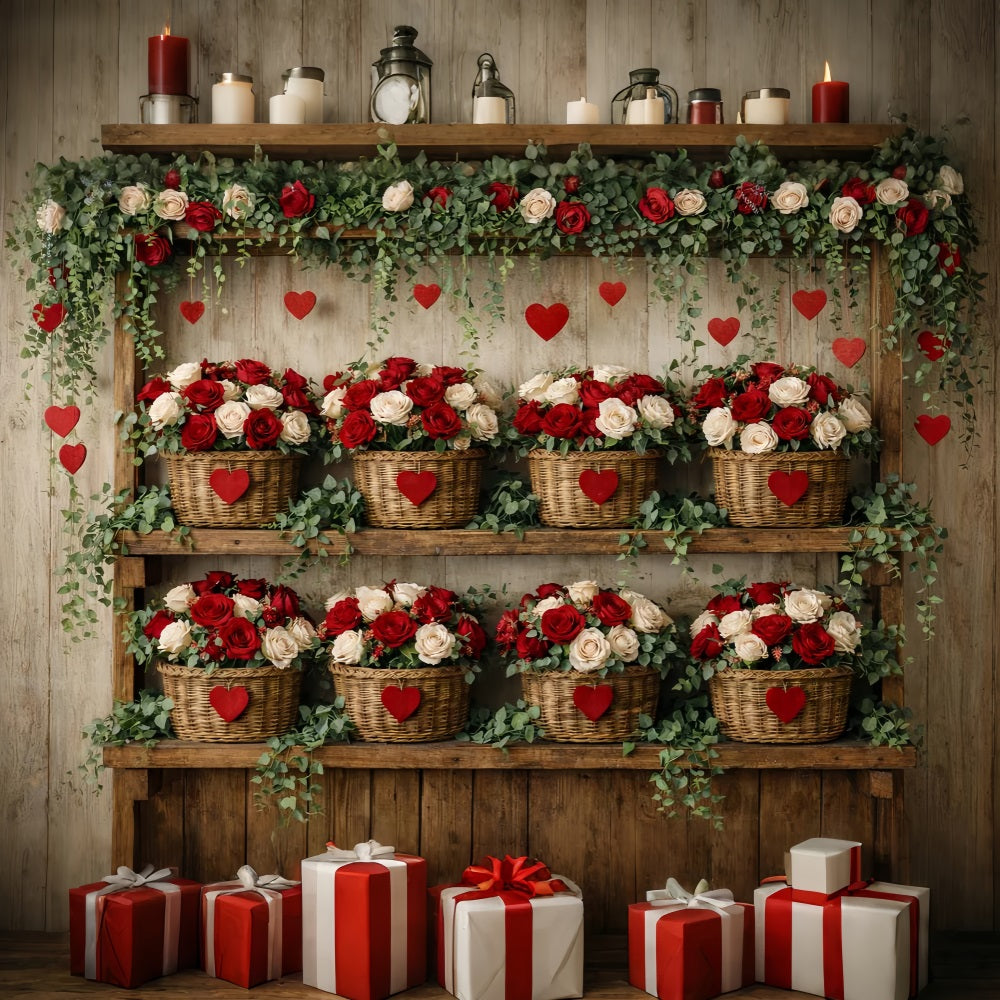 Roter Rosen-Hintergrund Rustikales Bauernhaus Blumenwand Schlichter Valentinstag-Hintergrund LXX512-87
