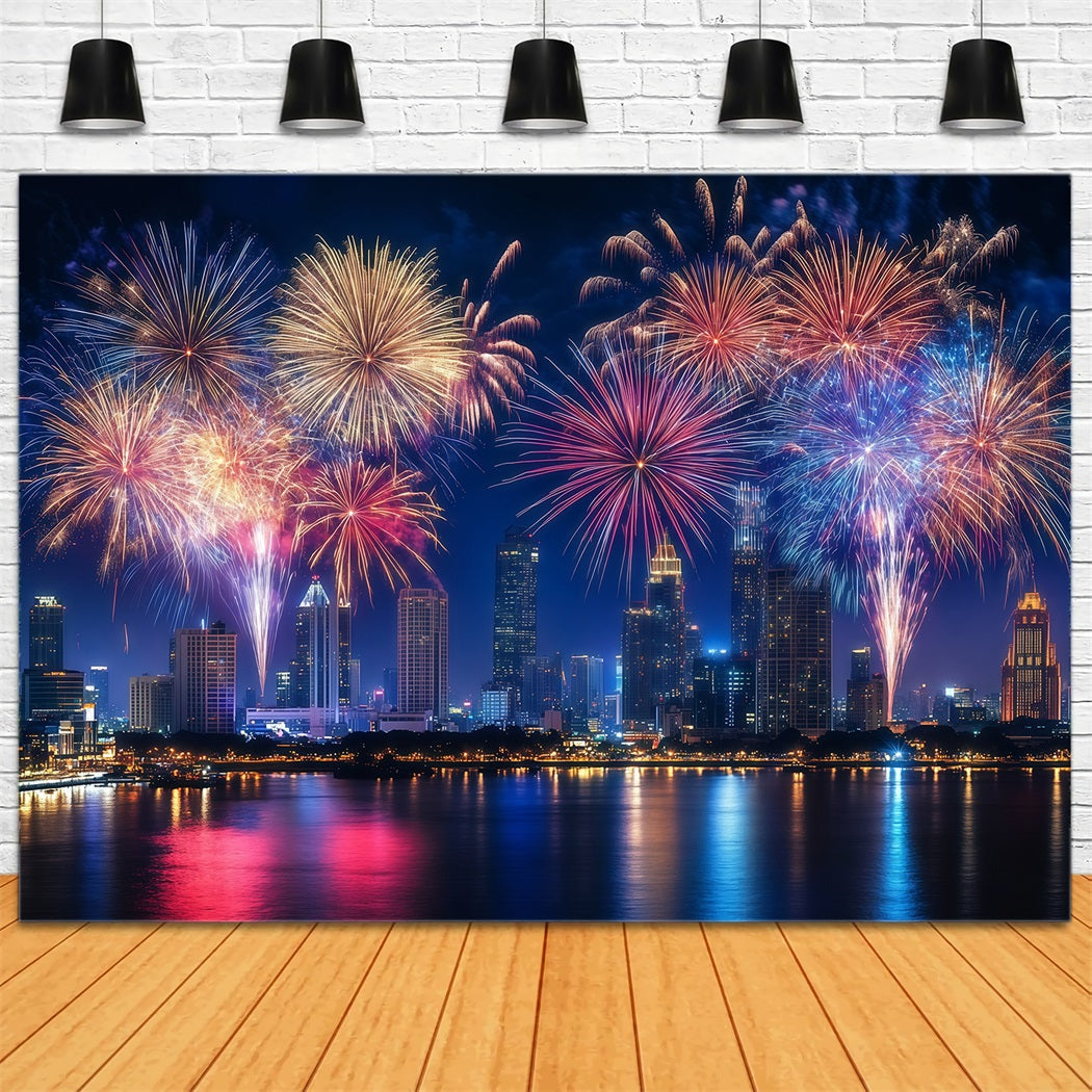 Neujahrs-Foto-Hintergrund Buntes Feuerwerk Stadtlandschaft Stadt-Nacht-Hintergrund LXX512-9