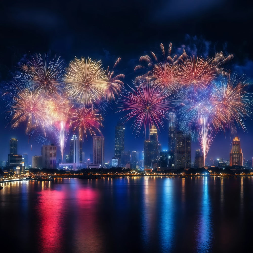 Neujahrs-Foto-Hintergrund Buntes Feuerwerk Stadtlandschaft Stadt-Nacht-Hintergrund LXX512-9