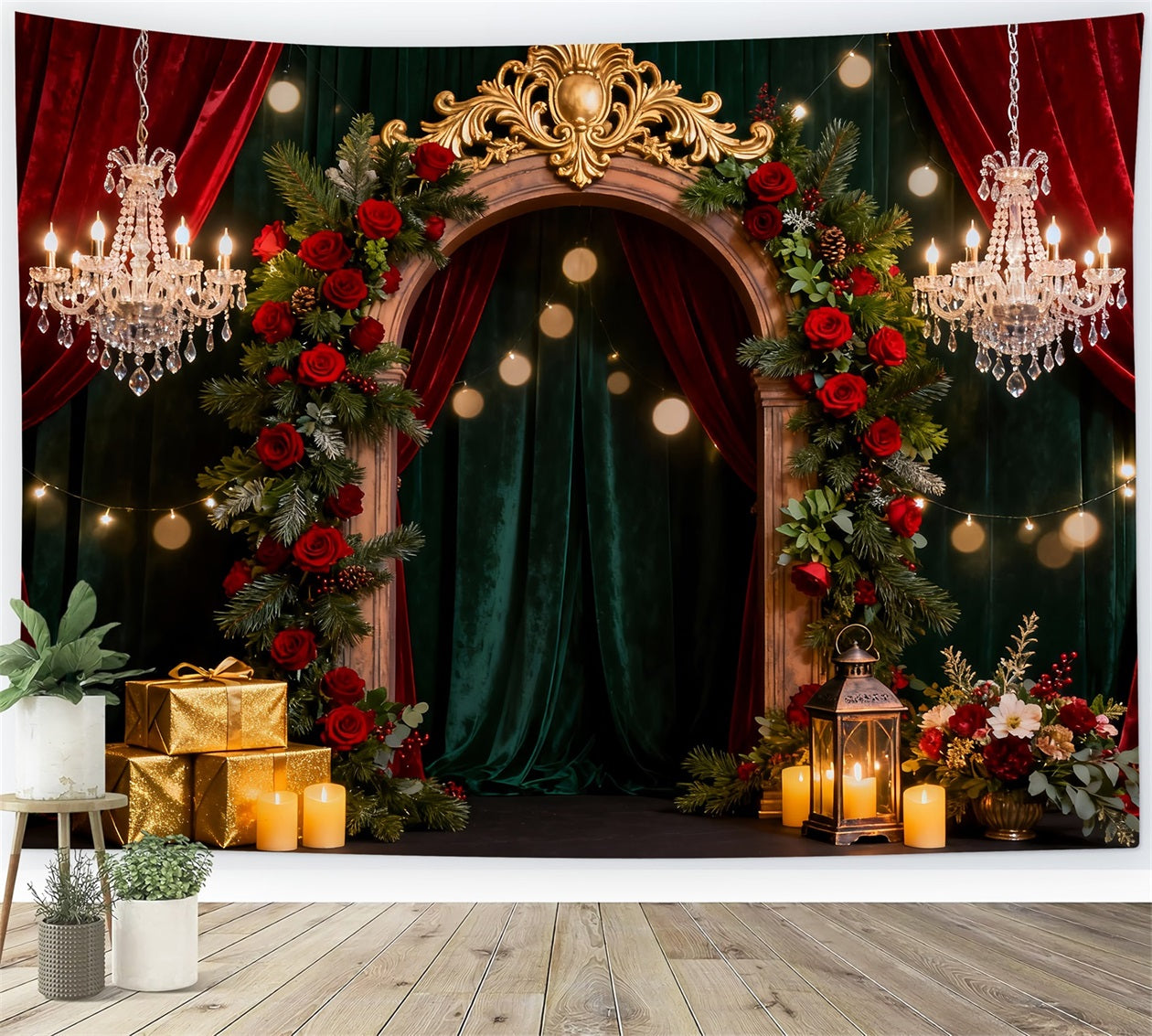 Romantischer Hintergrund, opulenter Rosenbogen, elegante Geschenkbox und Valentinstag LXX512-94