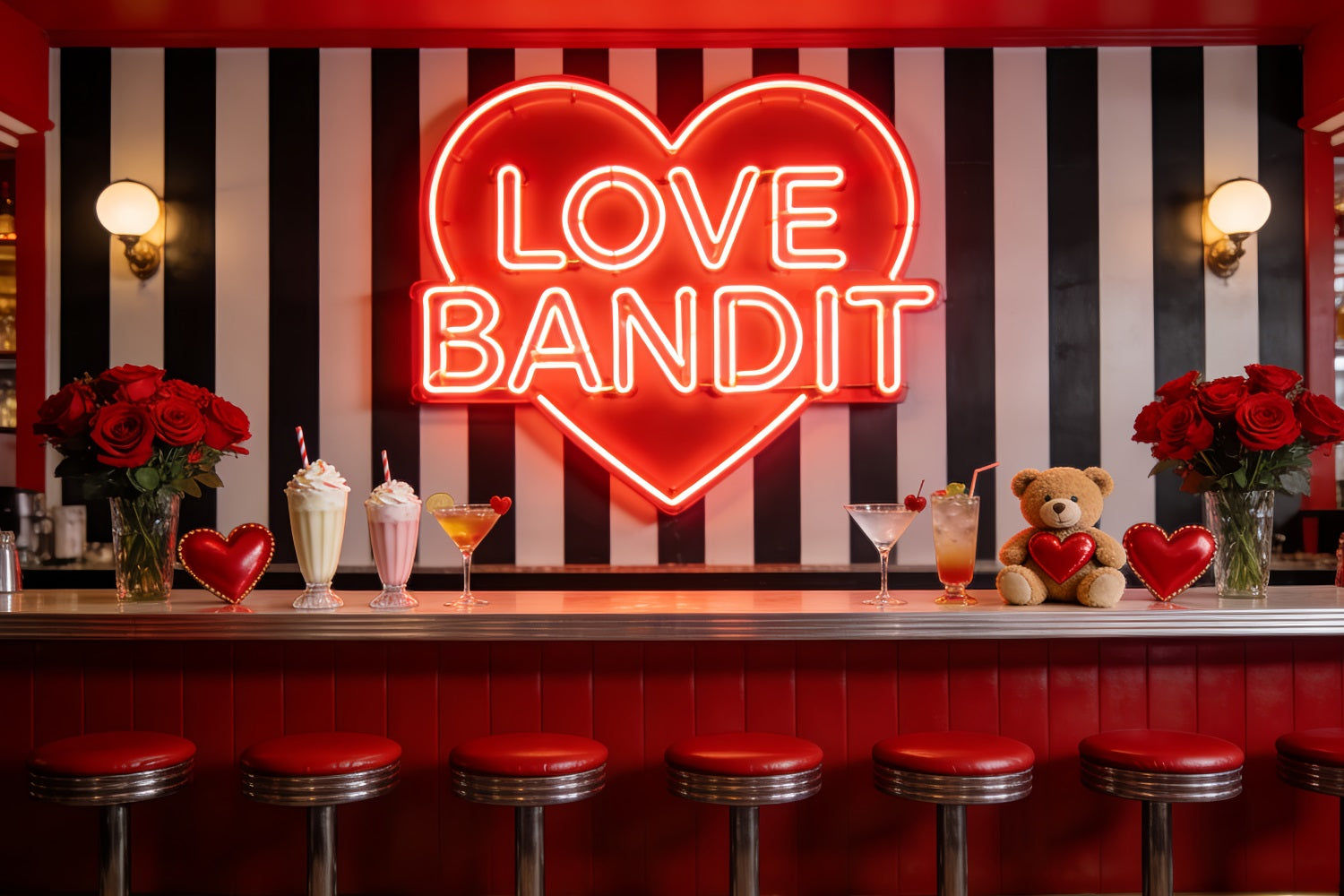90er-Jahre-Valentinstag-Hintergrund Neon Love Diner Bar Herz-Hintergrund LXX512-98
