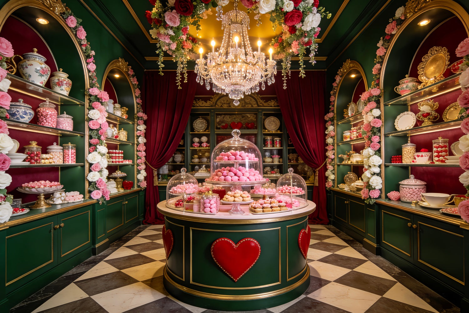 Süßwarenladen Valentinstag-Hintergrund Süßer Desserttisch 90er-Jahre-Valentinstag-Hintergrund LXX512-99