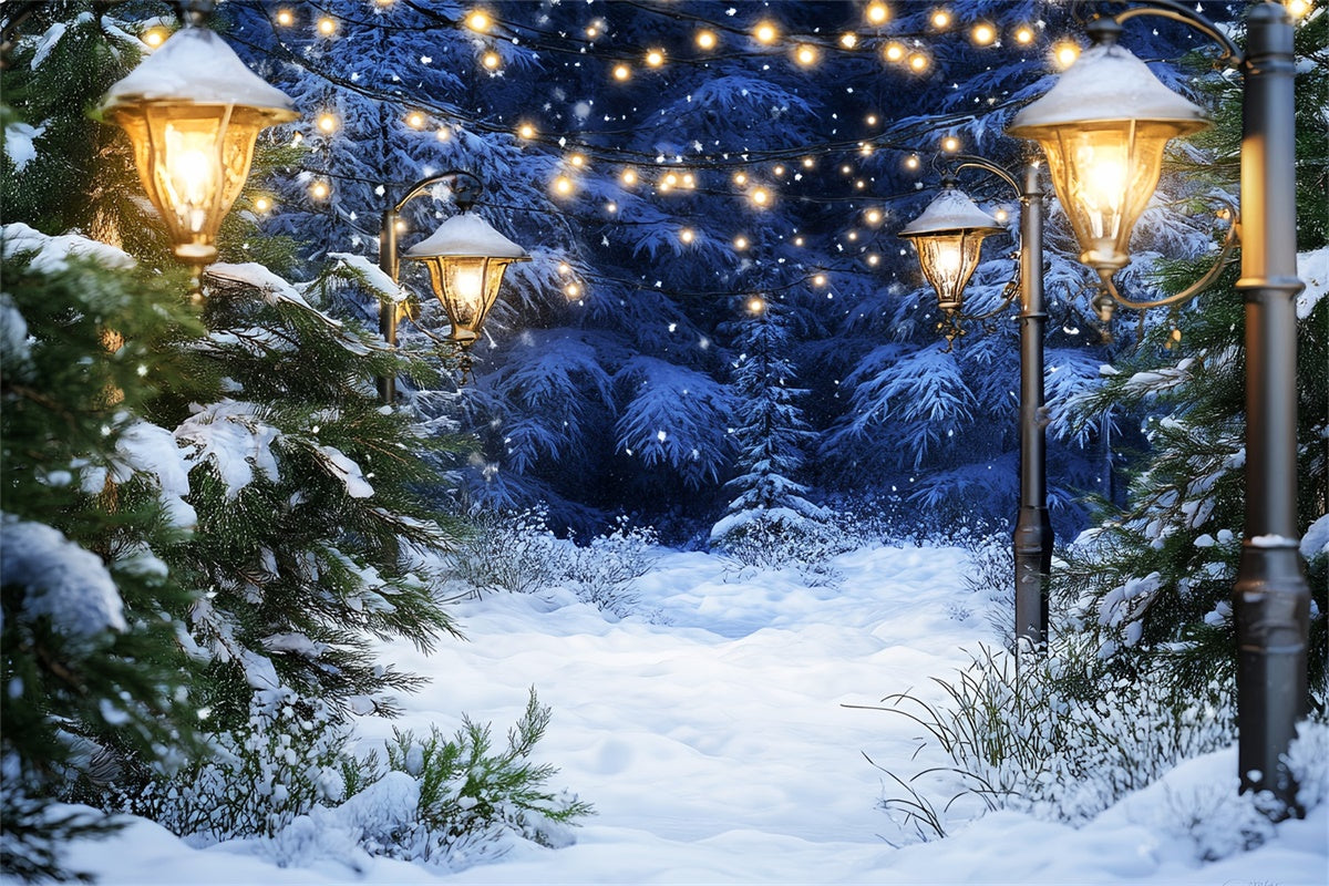 Schneewald-Hintergrundkulisse Gemütliche beleuchtete Kiefern-Hintergrundkulisse LXX57-123