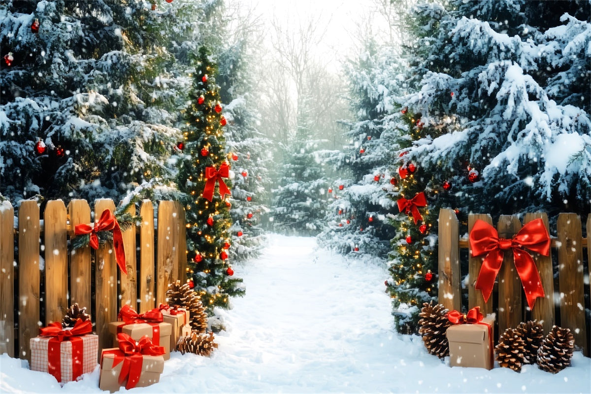 Weihnachten Wald Hintergrund verschneite Kiefern Geschenke Hintergrund LXX57-144