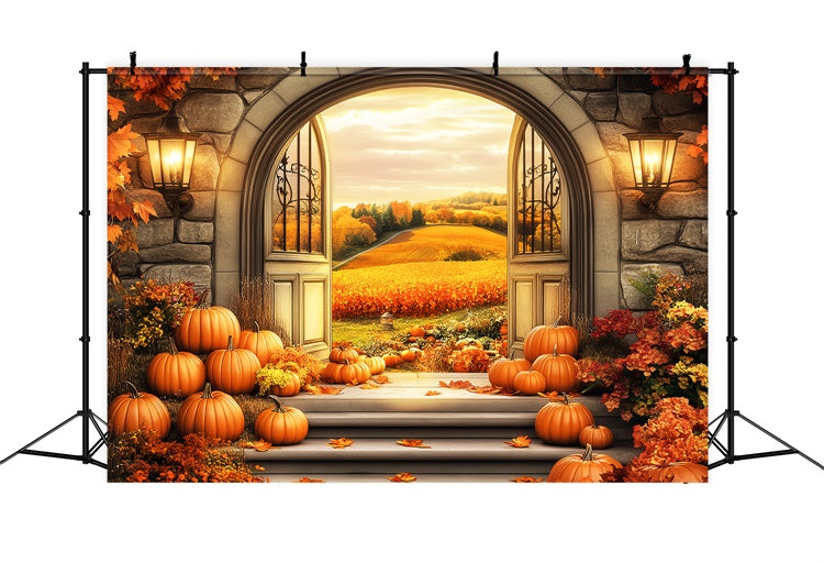 Herbst Fotohintergrund Goldene Felder Steinbogen Backdrop LXX57-158