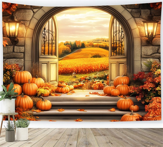 Herbst Fotohintergrund Goldene Felder Steinbogen Backdrop LXX57-158