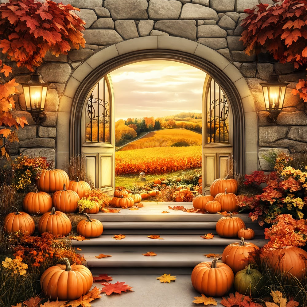 Herbst Fotohintergrund Goldene Felder Steinbogen Backdrop LXX57-158