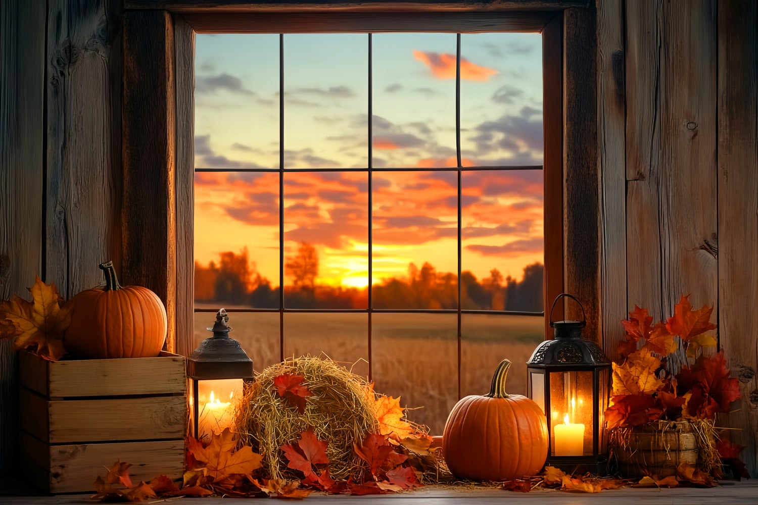 Sonnenuntergang Kulisse Kürbis Dämmerung Fenster Herbst Fotohintergrund LXX57-175